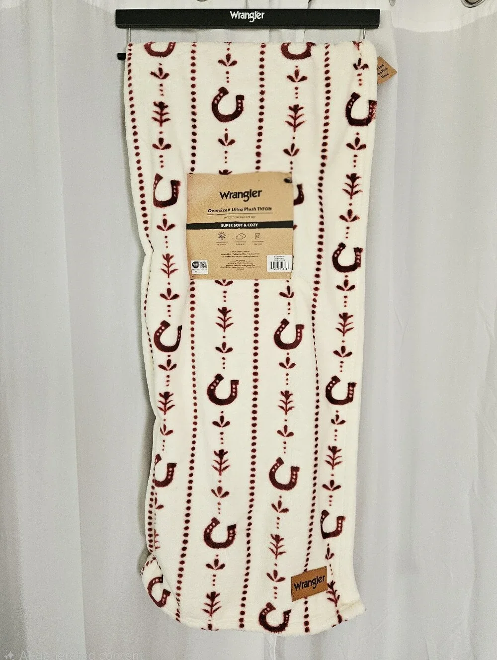 Wrangler Cream & Burgundy Horseshoe Oversized Plush Throw NWT